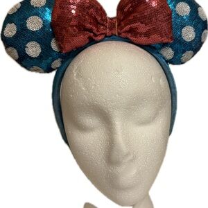 Disney Blue Sequin Minnie Ears with Red Bow